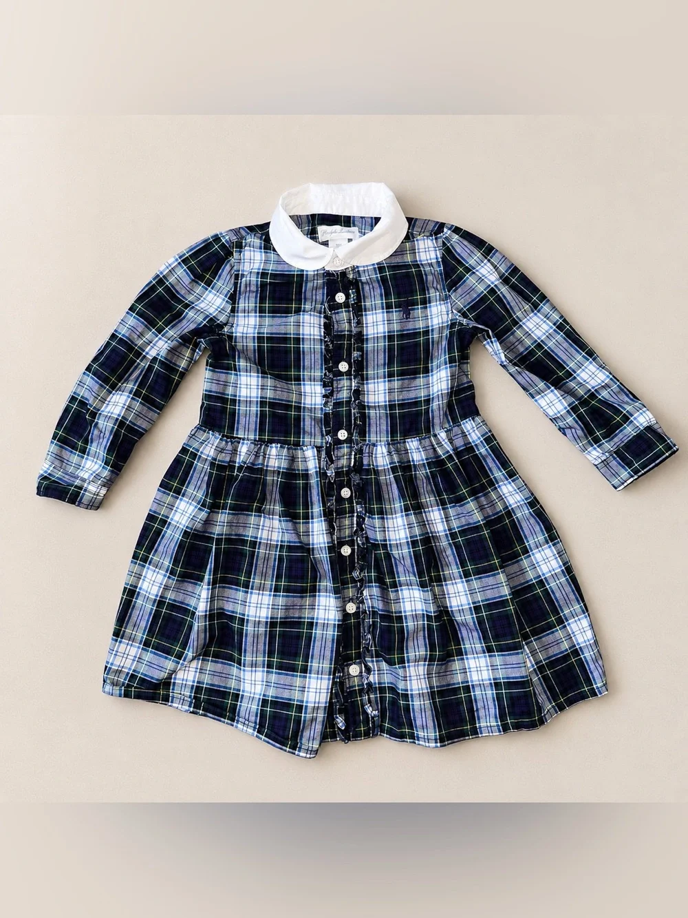 Ralph Lauren Girls 18M Plaid Long Sleeve Dress Peter Pan Collar Button Front